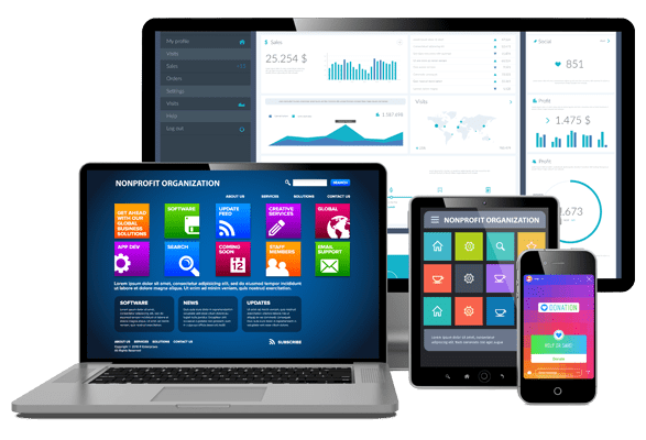 Desktop, laptop, tablet, and mobile phone displaying features of nonprofit management software developed by Chetu.